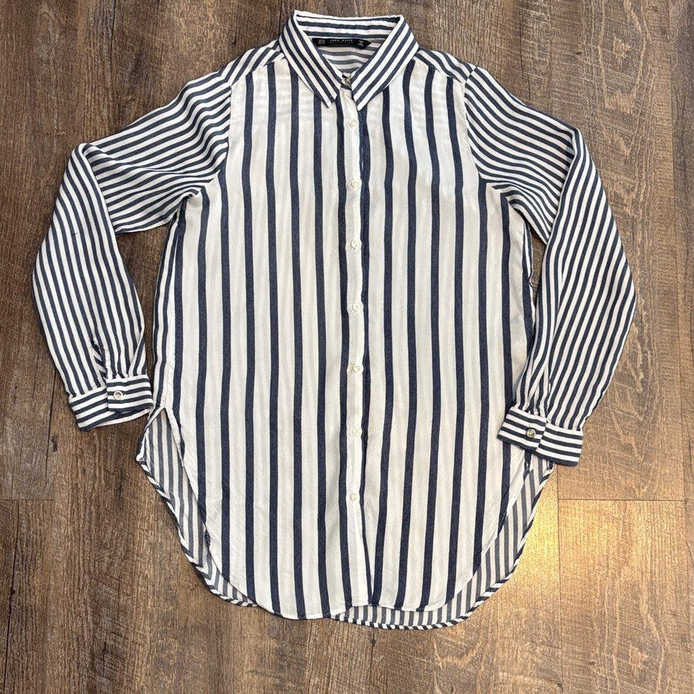 Zara Basic Navy and White Striped Button Down Blouse Top XS